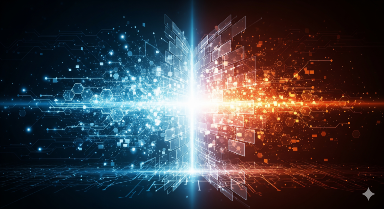 Abstrakte Darstellung von Netzwerksegmentierung und VLAN-Sicherheit zur Trennung von Gast-WLAN und Firmennetzwerk